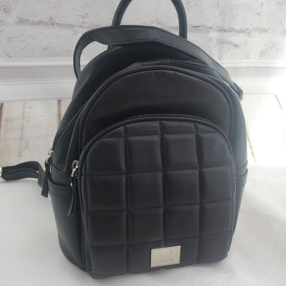 Jones New York Womens Black Leather Quilted Adjustable Shoulder Straps Back Bag